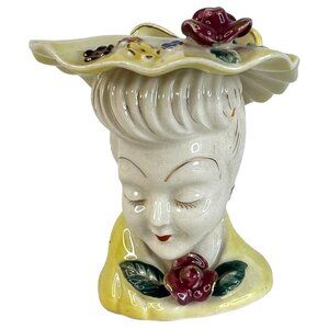 Vintage Acme Ware Lady Head Vase Yellow With Flowers Gold Accents Made Japan VTG